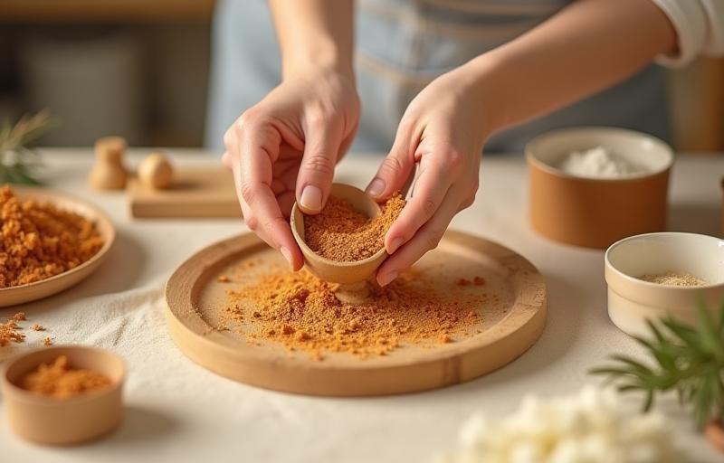 Hands mixing natural ingredients for cosmetics in a clean workshop