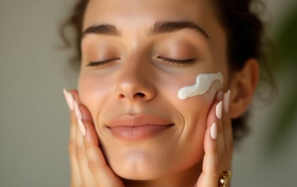 Woman applying natural face cream with closed eyes, looking peaceful