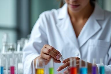 Scientist or formulator working with cosmetic samples in a lab setting