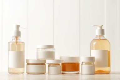 Glass jars and bottles containing natural skincare products